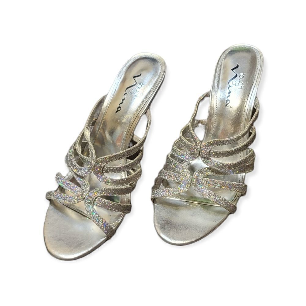 VINTAGE Touch of Nina Wedding Silver Glitter Heels Clear Heels Size 8 5